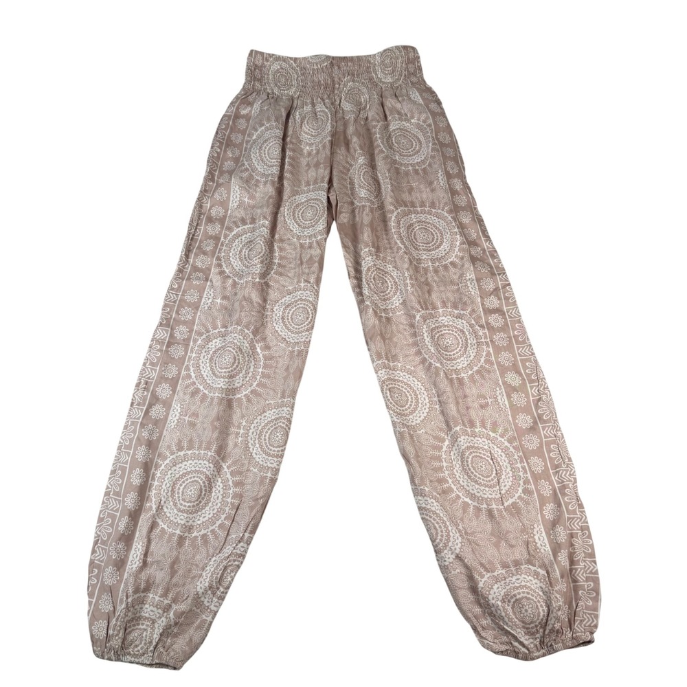 Lotus & Luna Casablanca Harem Pants Womens Medium Tan Rayon Boho Mandala Smocked